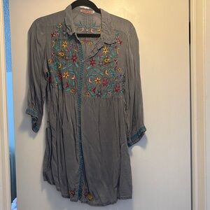 Johnny Was Gray Blouse with Colorful Embroidery